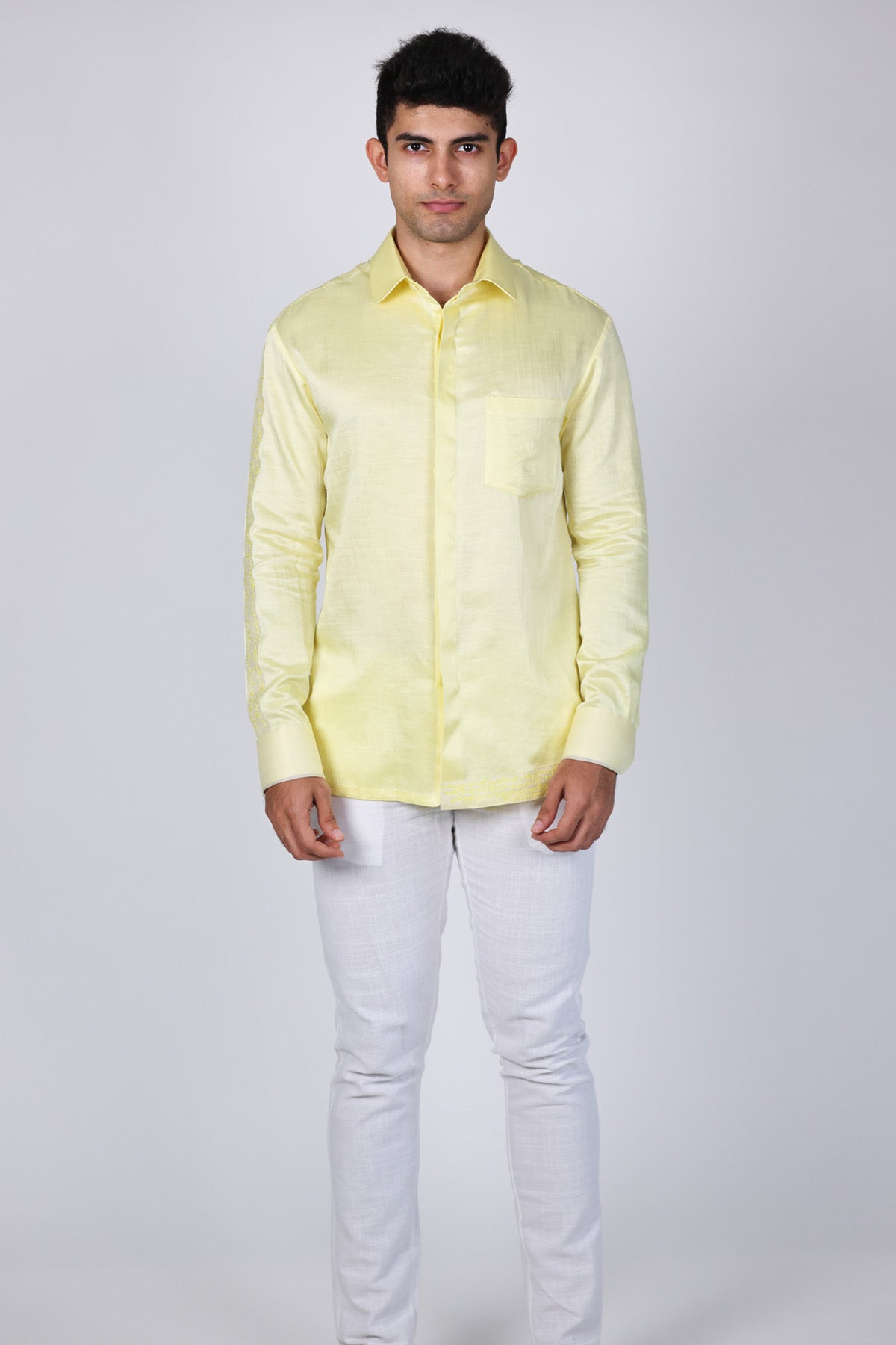Buy Arya Giri Yellow Linen Satin Collar Shirt